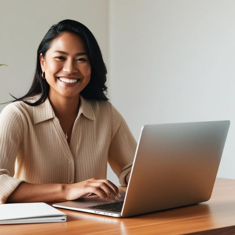 Femme souriante assise devant un ordinateur portable sur un bureau en bois.