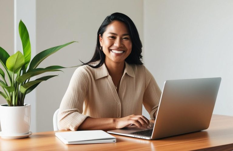 Femme souriante devant un ordinateur portable, avec une plante verte à côté d'elle.